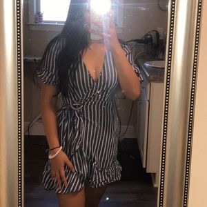 Blue and white striped wrap mini dress